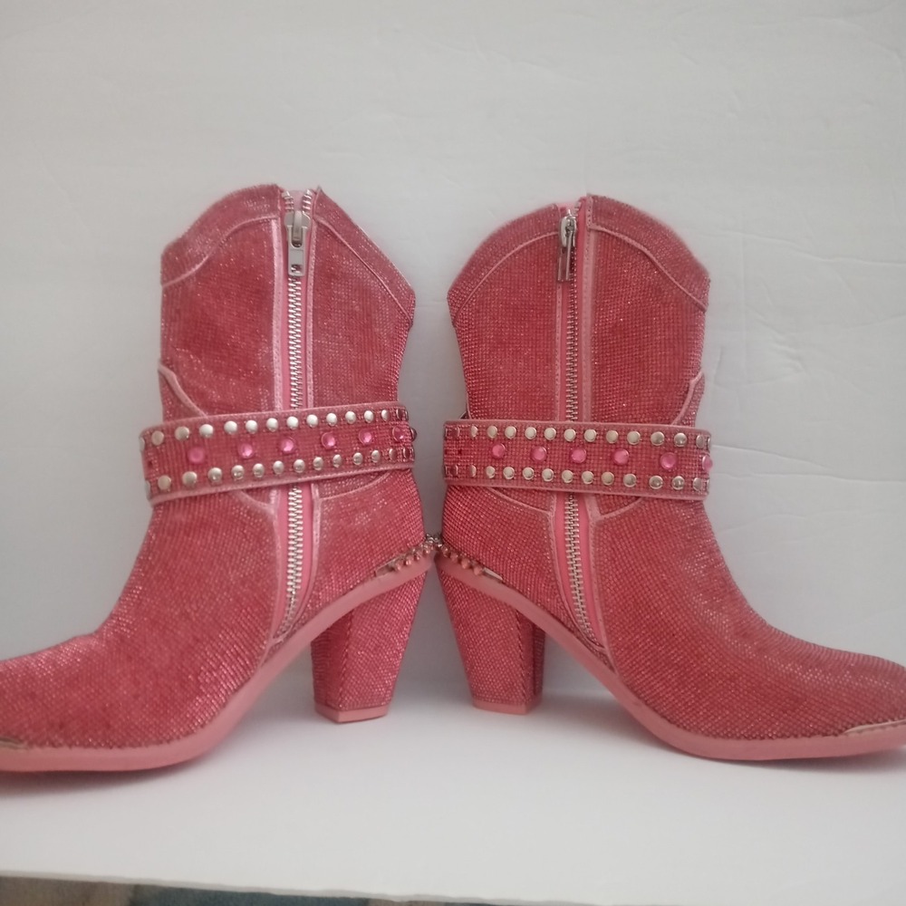 Dolls Kill sz 10M Pink Sharp Sheriff Shine Cowboy Boots ankle bootie Rhinestones - Picture 3 of 13